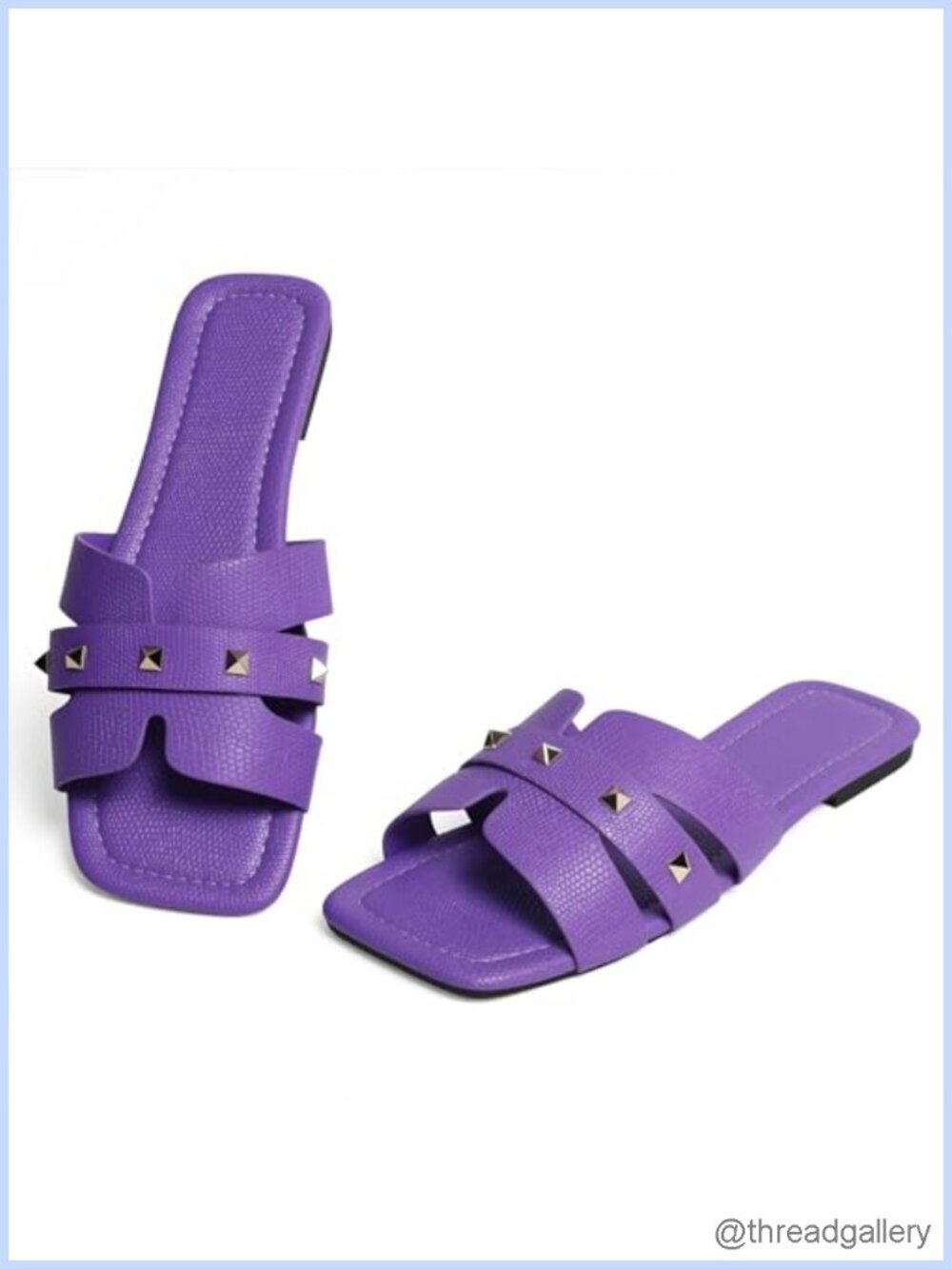 Women's Rivet Embellished Flat Sandals Slide-On Square Toe Textured Faux Leather